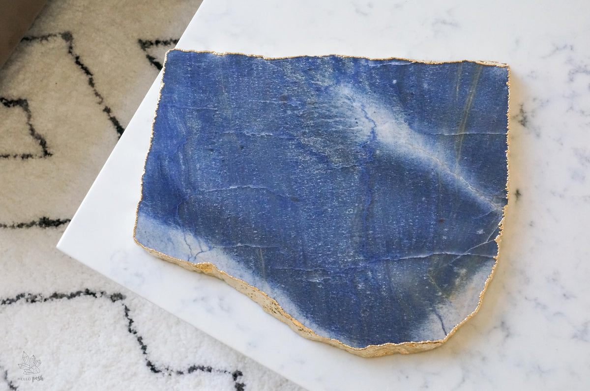 Blue quartz platter with plated rim
