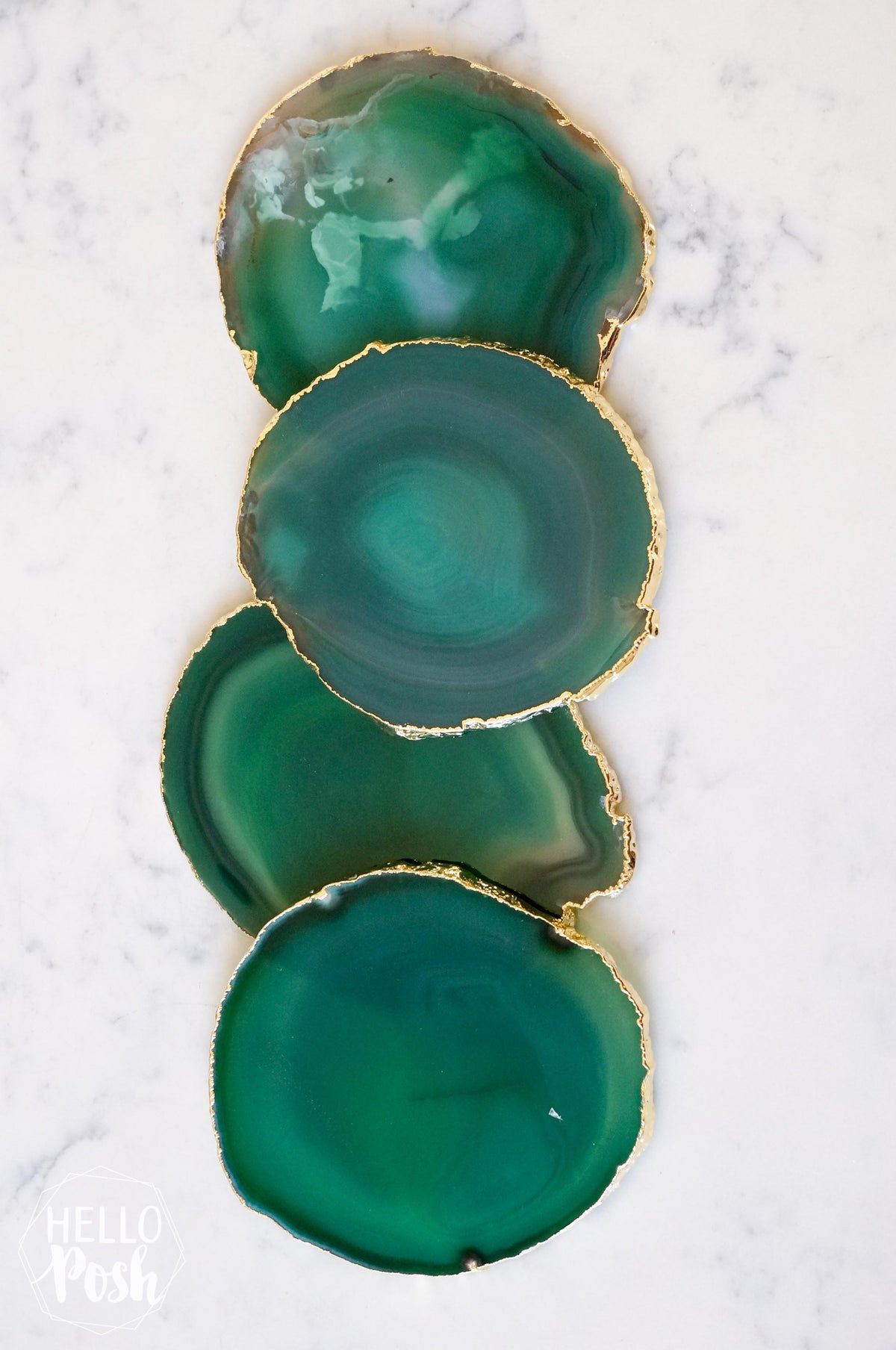 Green Agate Coaster Set. Plated rims
