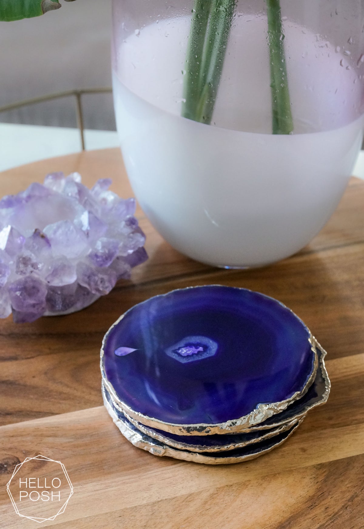 Purple Agate Coaster Set. Plated rim