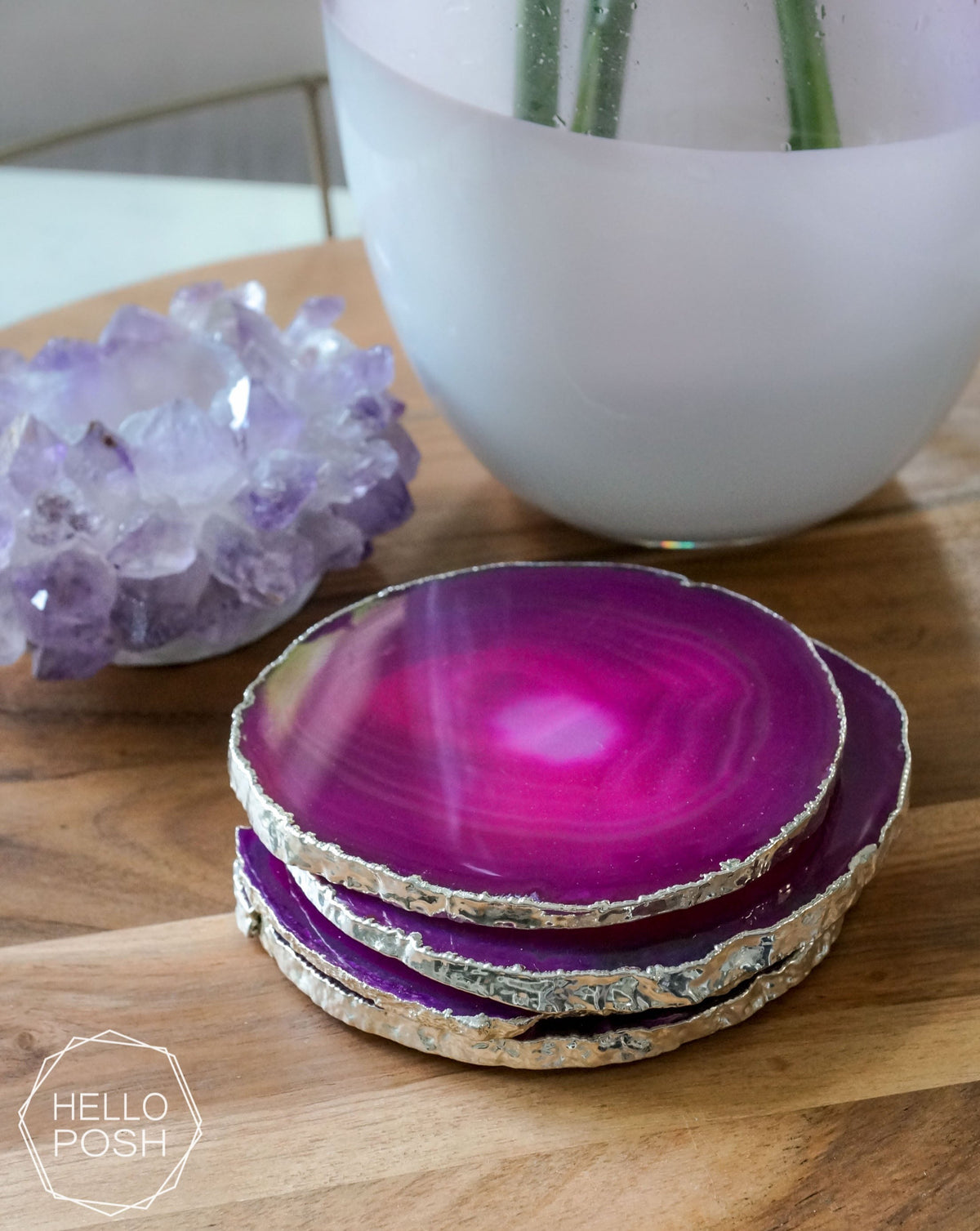 Pink Agate Coaster Set. Plated rims