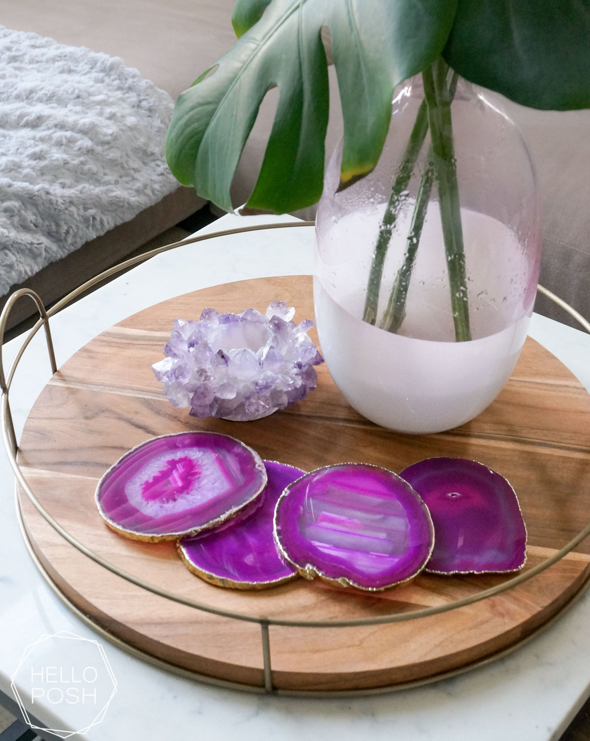 Pink Agate Coaster Set. Plated rims