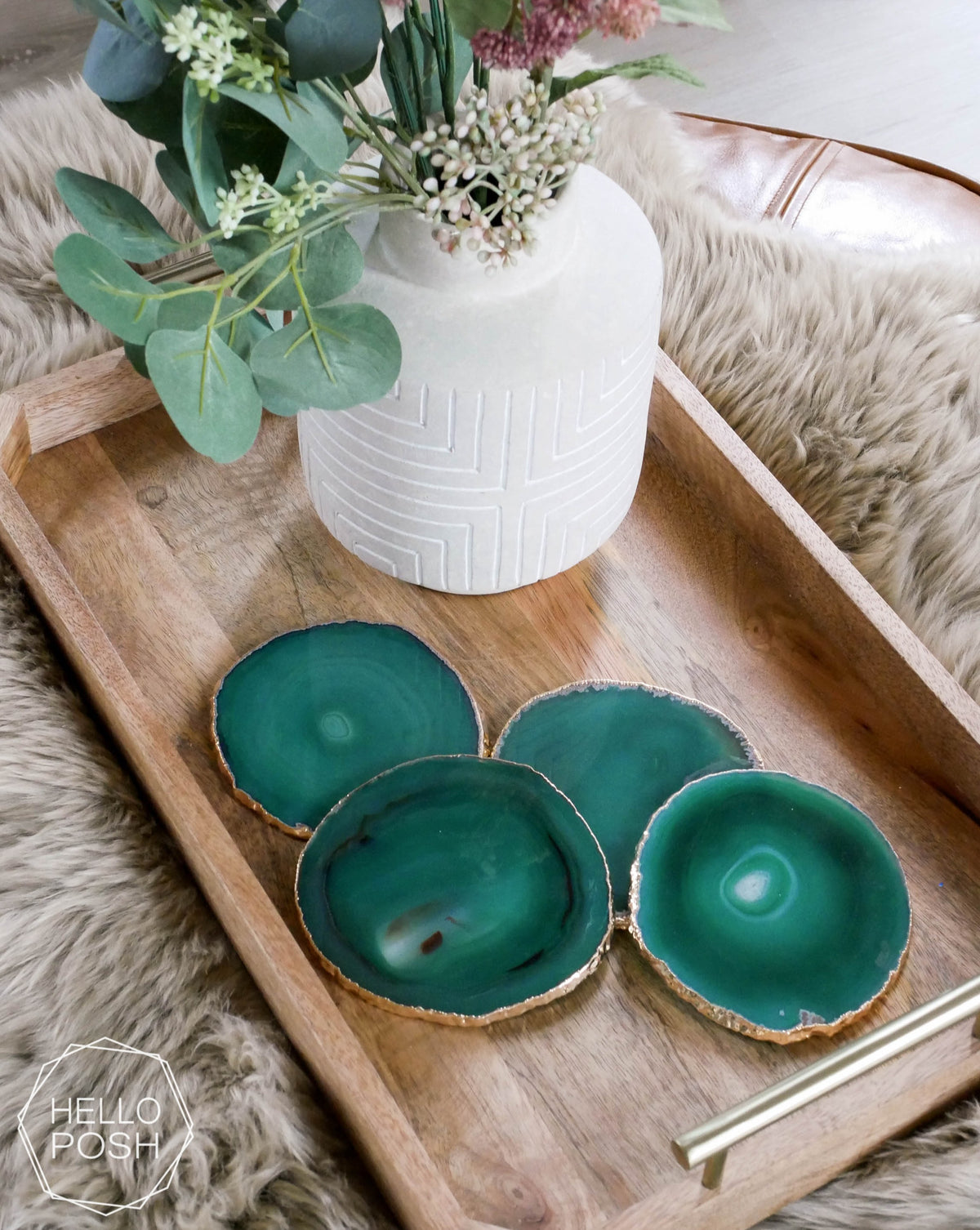 Green Agate Coaster Set. Plated rims