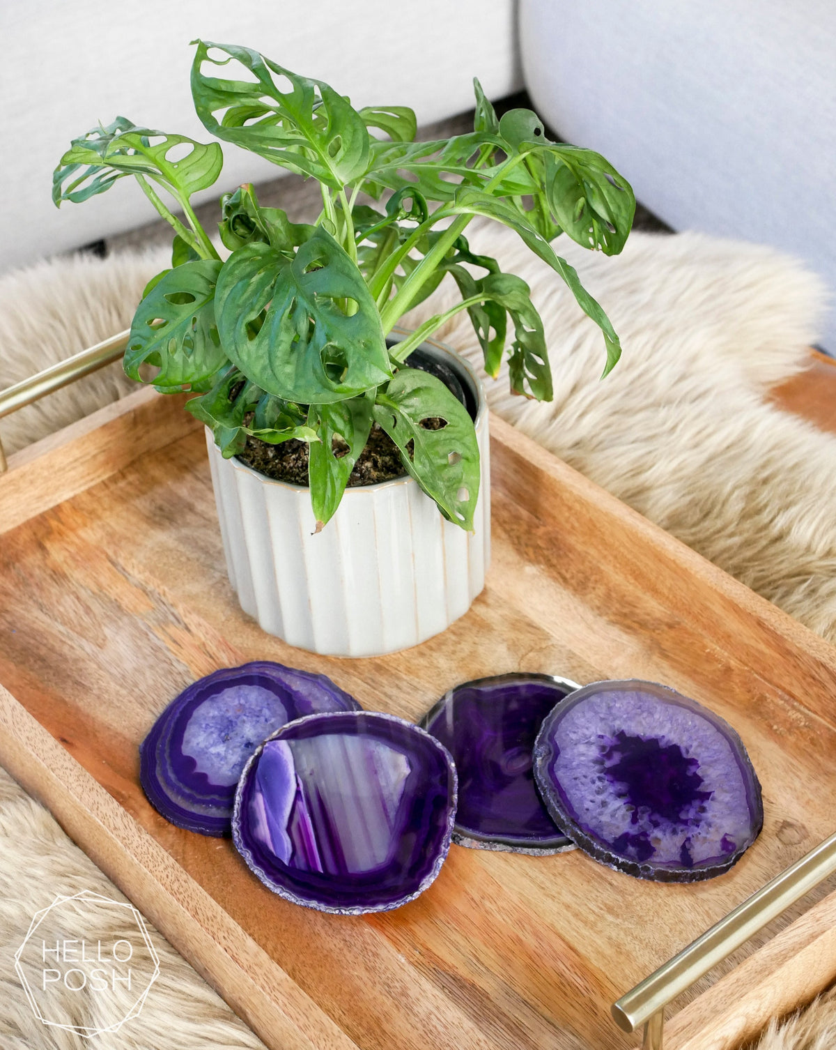 Purple Agate Coaster Set. Plated rim
